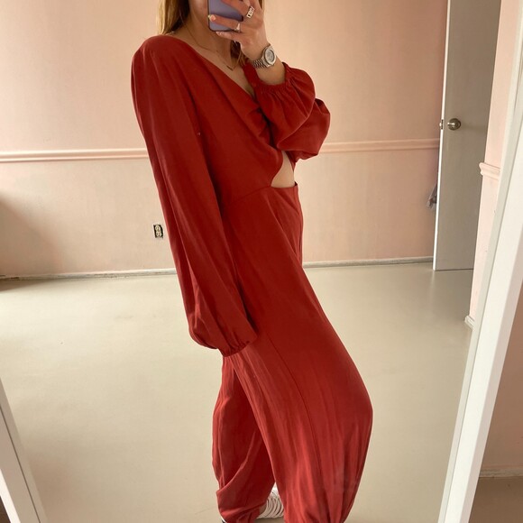 Farm Rio Long Sleeve Front Ring Cut out Jumpsuit Red Large - Picture 3 of 8